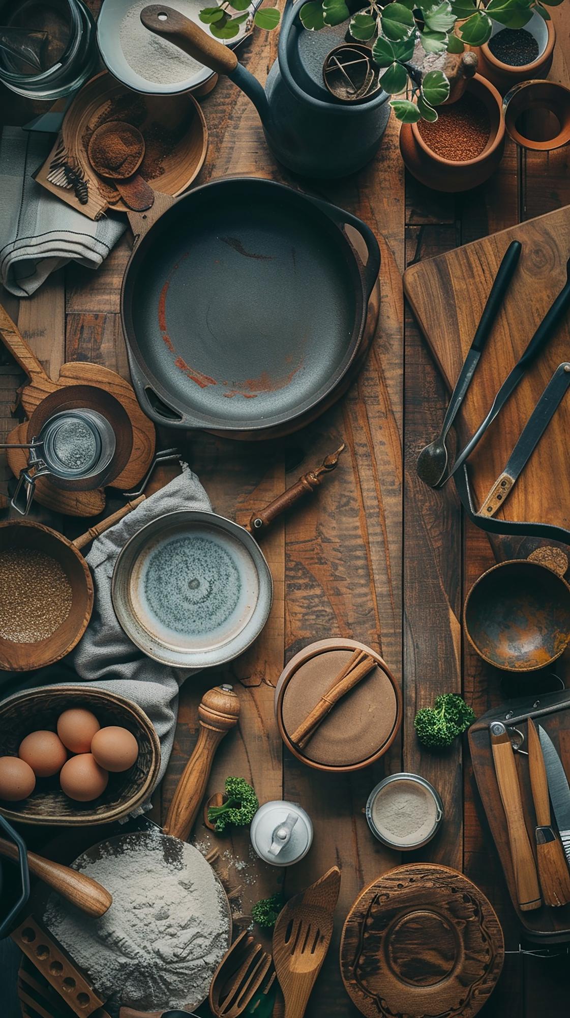 Set di utensili da cucina su tavolo di legno